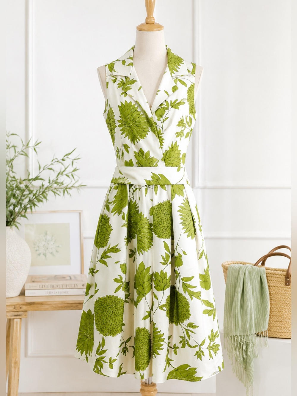 Sleeveless Green Floral Wrap Midi Dress